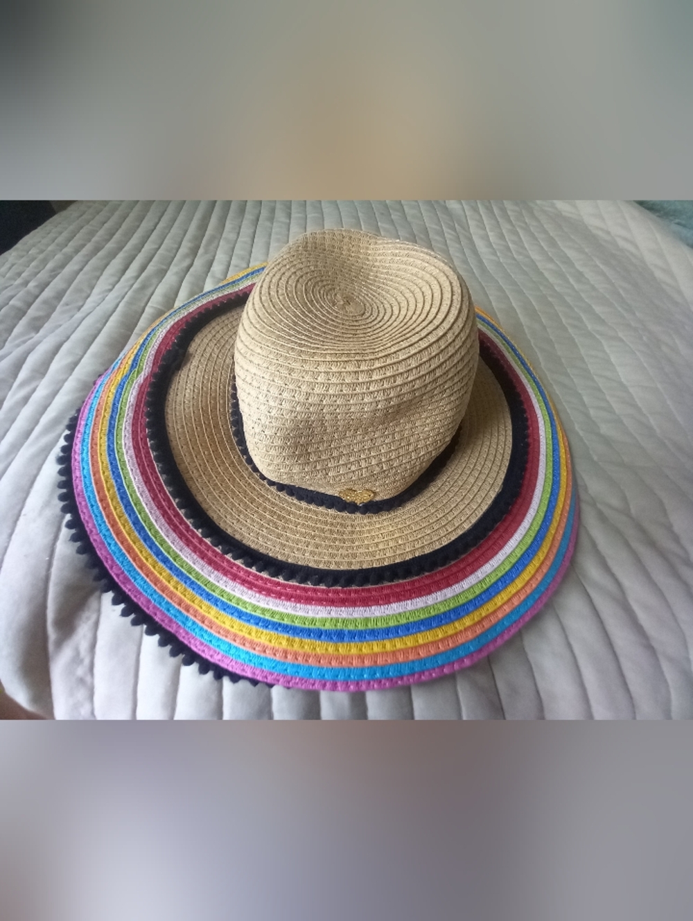 Betsy Johnson Straw Sun Hat with Rainbow Brim